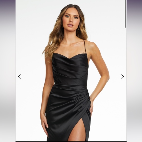 Lauren Ashley Black Satin Cowl Bodice Gown with Slit, Size 2 - Picture 3 of 13